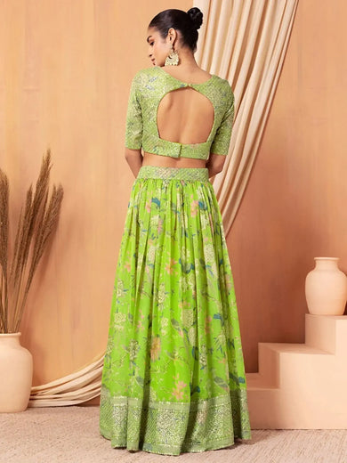 Charming Neon Green Sequins Organza Function Wear Lehenga Choli - Ethnic Plus In